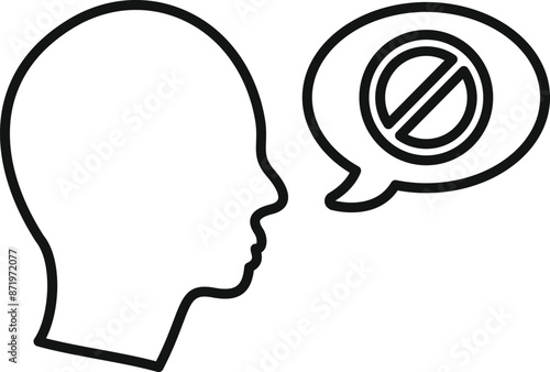 Line art illustration of a man thinking about censorship with a forbidden symbol in a speech bubble