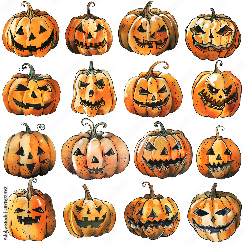 Watercolor Happy Halloween seamless pattern with carved Jack O lantern pumpkin in hat, spooky ghost, flying bat, scary zombie head, candles on white background. Hand painted October 31 themed print Watercolor Happy Halloween seamless pattern with carved Jack O lantern pumpkin in hat, spooky ghost, flying bat, scary zombie head, candles on white background. Hand painted October 31 themed print