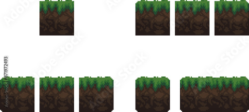 Pixel art tile set for 2d retro video-game. A set of ground tiles with grass for platformer for location constructor. Vector illustration.