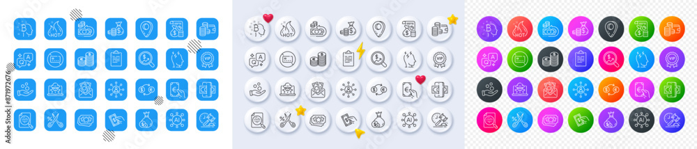 Networking, Currency exchange and Bribe line icons. Square, Gradient, Pin 3d buttons. AI, QA and map pin icons. Pack of No card, Cash back, Auction hammer icon. Vector Networking, Currency exchange and Bribe line icons. Square, Gradient, Pin 3d buttons. AI, QA and map pin icons. Pack of No card, Cash back, Auction hammer icon. Vector
