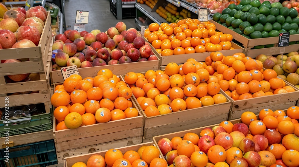 Oranges stacked in wooden crates on shelves at a grocery store, with other produce visible in the background. Oranges stacked in wooden crates on shelves at a grocery store, with other produce visible in the background.