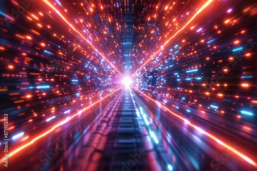 Futuristic Light Tunnel with Dynamic Lines and Bright Neon Colors photo