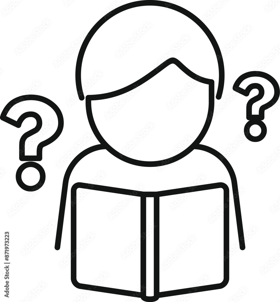 Line drawing of student holding an open book and having questions Line drawing of student holding an open book and having questions