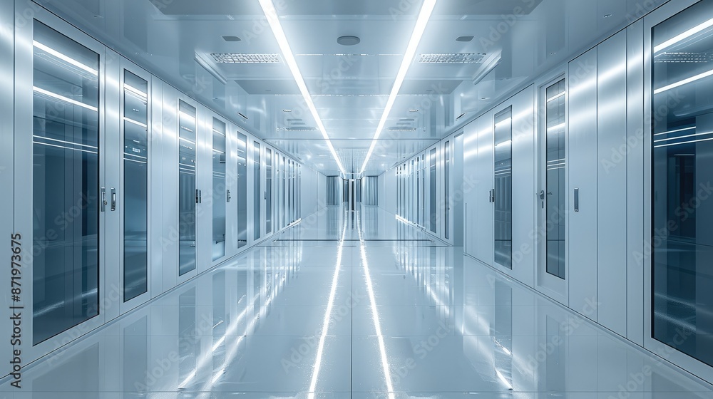 Interior of a data center inside a renovated office building in an urban center high-rise. Generative AI. Interior of a data center inside a renovated office building in an urban center high-rise. Generative AI.