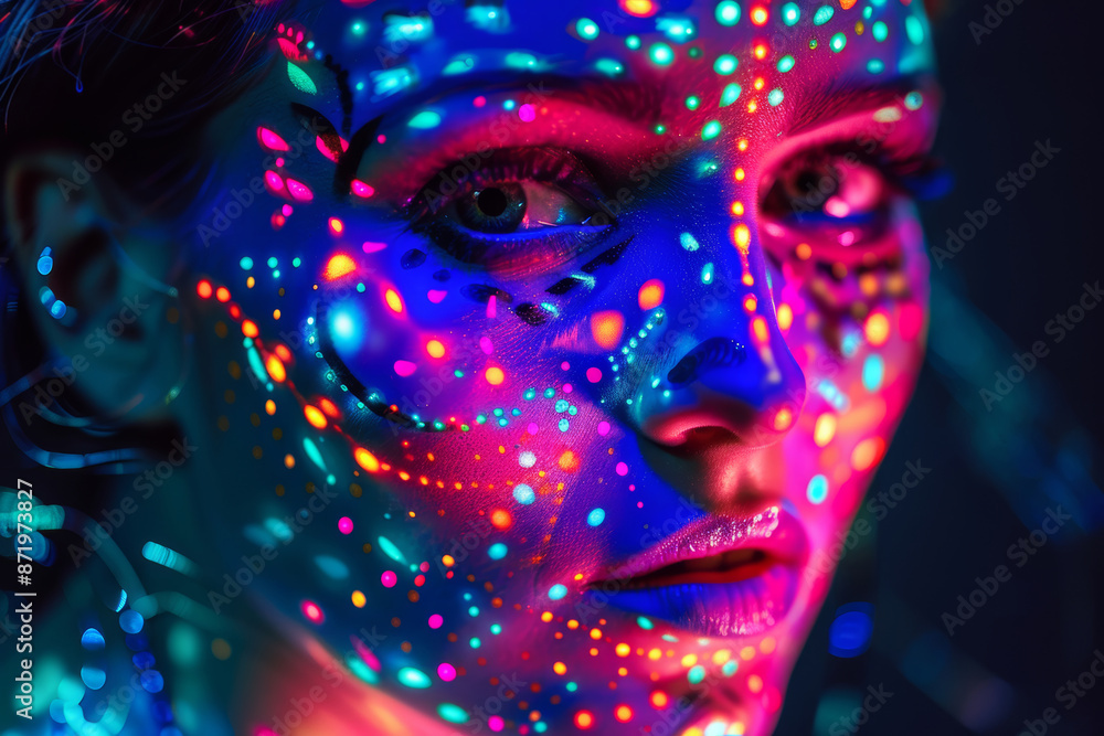 Close-up portrait of a woman with vibrant neon body paint Close-up portrait of a woman with vibrant neon body paint