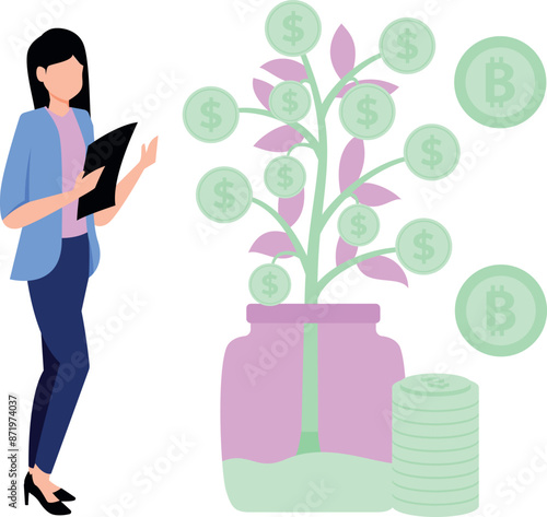 The girl is looking at the dollar plant.