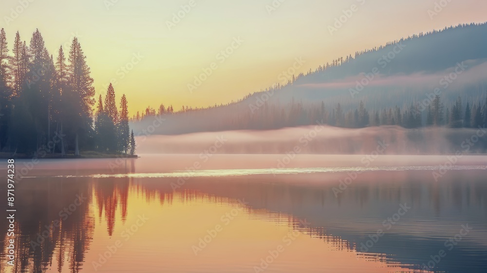 Fototapeta premium Tranquil sunrise over a serene lake with misty reflections of pine trees and distant mountains