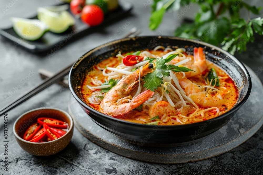Penang assam laksa dish on a table a Malaysian spicy noodle dish popular in Southeast Asia Penang assam laksa dish on a table a Malaysian spicy noodle dish popular in Southeast Asia