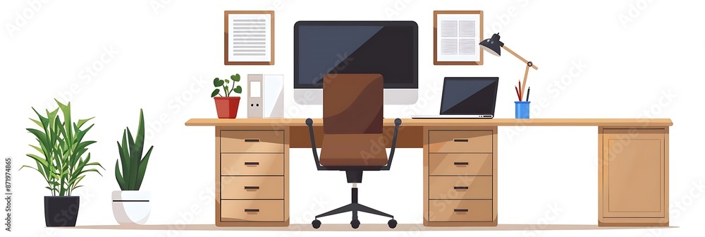 Illustration of a Brown Wooden Desk with a Brown Leather Office Chair Illustration of a Brown Wooden Desk with a Brown Leather Office Chair