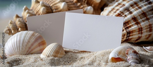 Beach-themed setting with seashells, blank white cards, and a sandy backdrop, ideal for adding text in the copy space image. photo