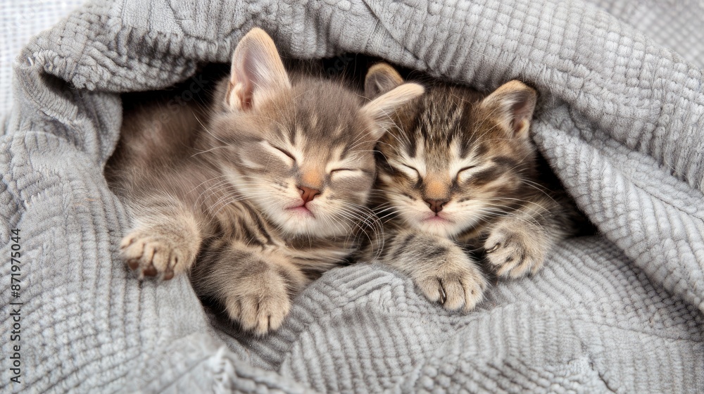 Two grey kittens snuggled together asleep under a cozy knit blanket Two grey kittens snuggled together asleep under a cozy knit blanket