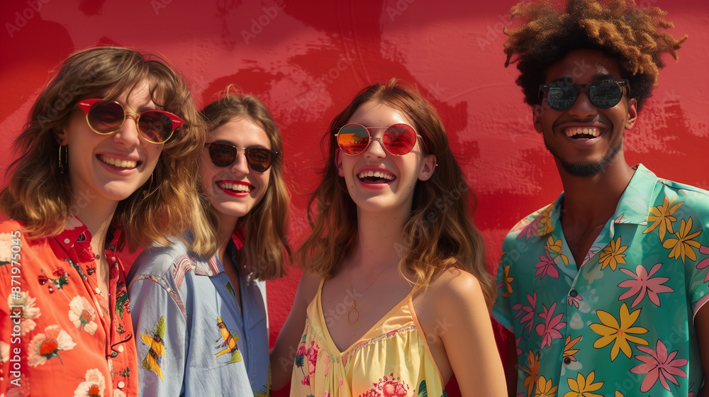 Fototapeta premium portrait of group of unknown young people stand in front of red wall