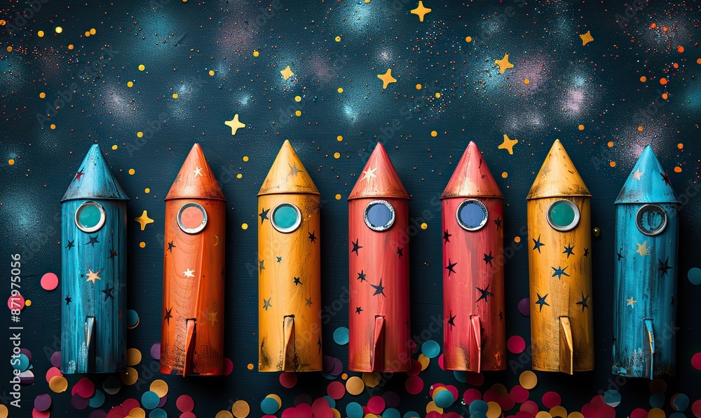 happy flat lay composition, firework rockets, confetti on dark blue background.stock photo happy flat lay composition, firework rockets, confetti on dark blue background.stock photo