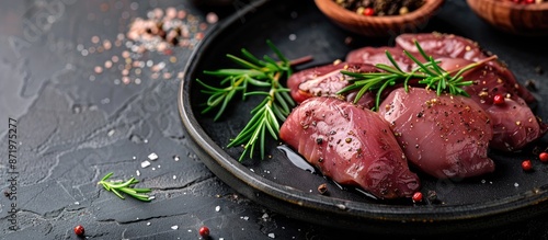 Raw chicken liver served as a rustic keto or paleo diet snack with background for copy space image.