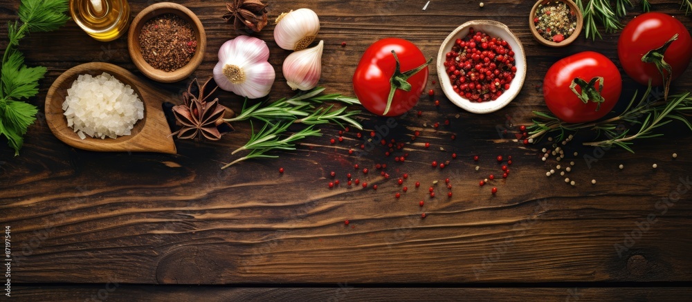 Top-down view of ingredients and spices for creating a delicious homemade pizza, displayed on a wooden table with ample copy space image. Top-down view of ingredients and spices for creating a delicious homemade pizza, displayed on a wooden table with ample copy space image.