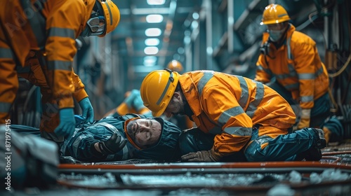 Industrial accident where people were injured, the injured person is lying in the foreground, others are giving him first aid. Generative AI. © visoot