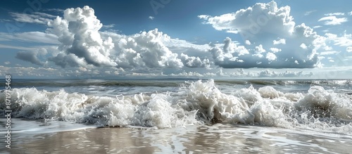 Cloudy skies overlook ocean waves creating white foam splashes in the background, providing a serene copy space image. photo