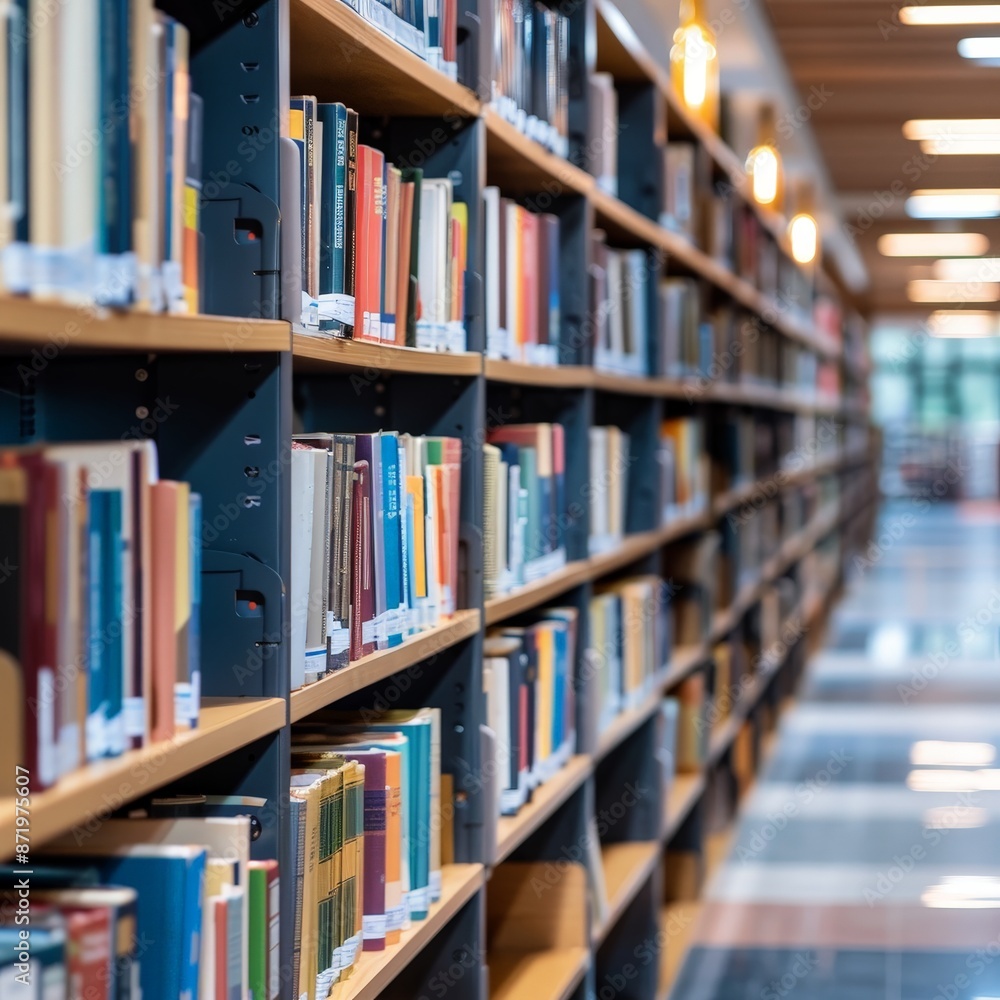Focused Library Shelves in a Modern Setting Focused Library Shelves in a Modern Setting