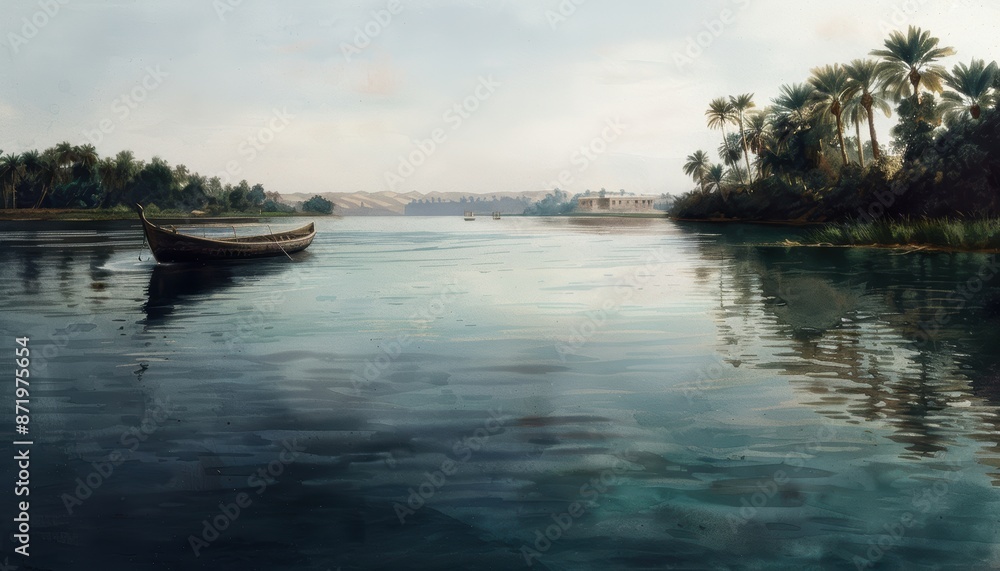 Serene river scene with a lone boat, calm water reflections, and lush palm trees under a soft sky at dawn. Serene river scene with a lone boat, calm water reflections, and lush palm trees under a soft sky at dawn.