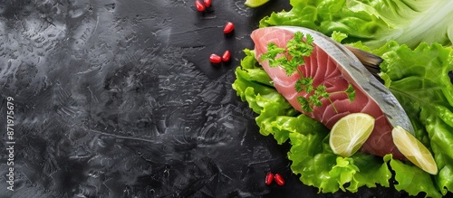 Tuna fish on lettuce displayed with space for text or graphics in the image. photo