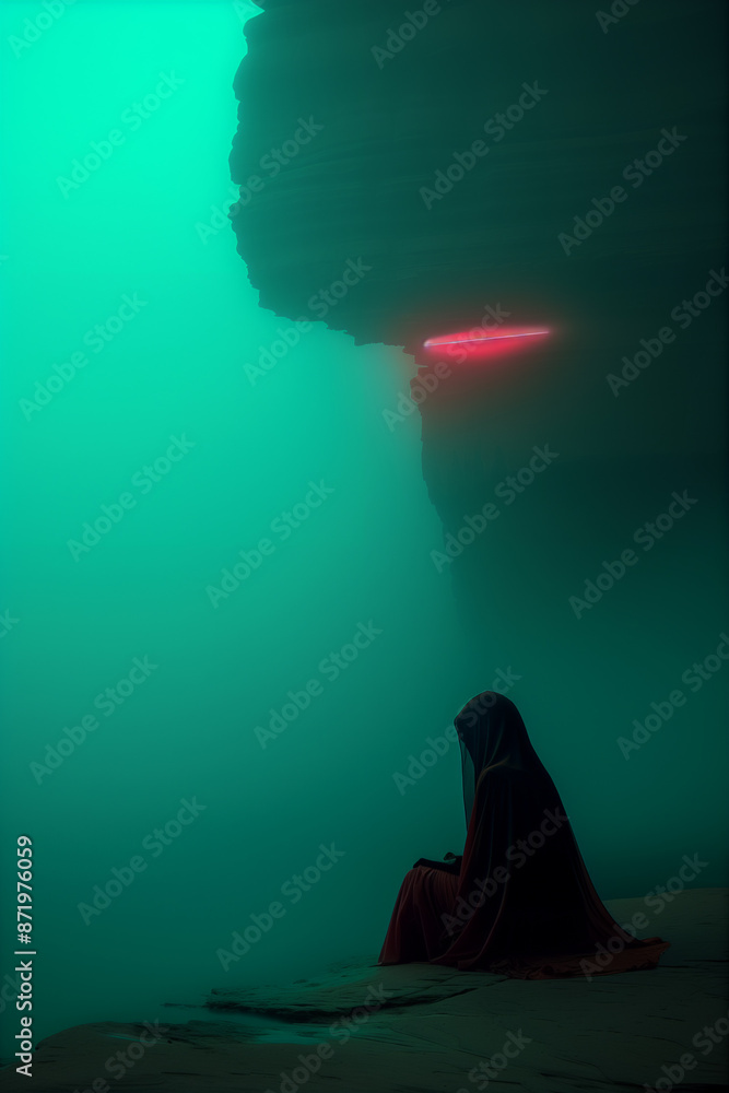 Cybergoth ambience minimalist atmosphere for with a woman silhouette and neon light in distance Cybergoth ambience minimalist atmosphere for with a woman silhouette and neon light in distance