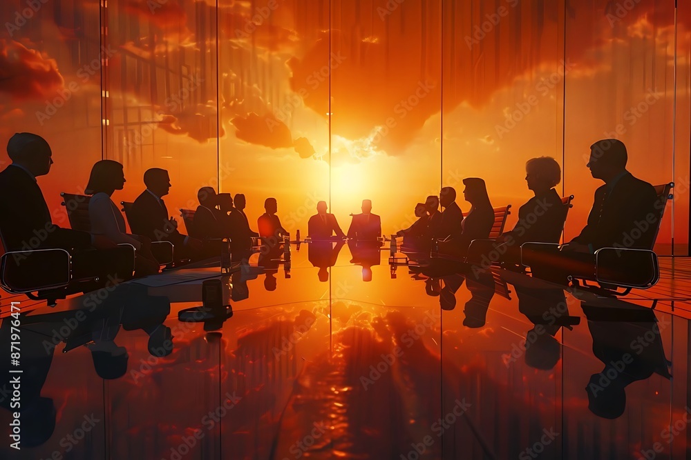 Silhouettes of Business People in a Meeting Room with Sunset View Illustration Silhouettes of Business People in a Meeting Room with Sunset View Illustration