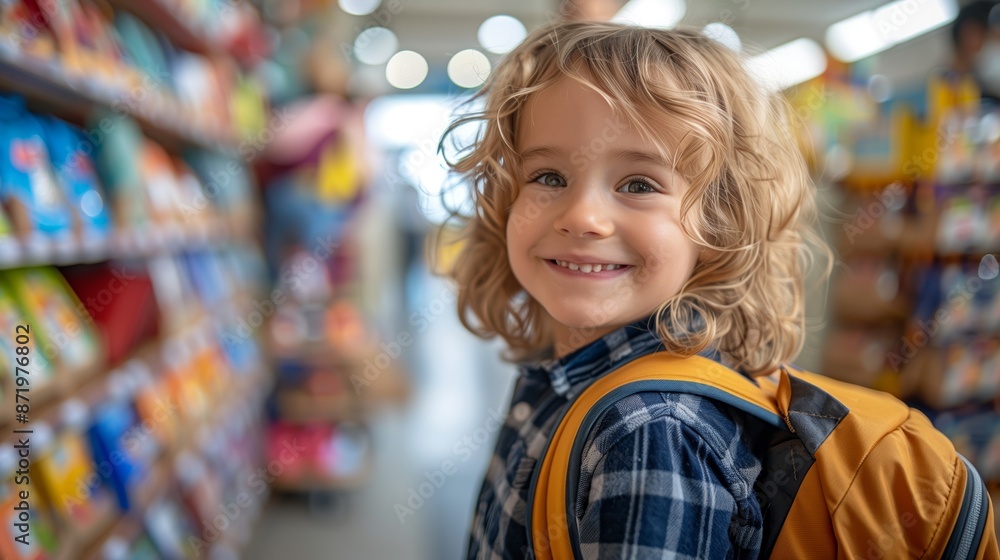 Smiling Child With Backpack in Grocery Store Aisle Smiling Child With Backpack in Grocery Store Aisle