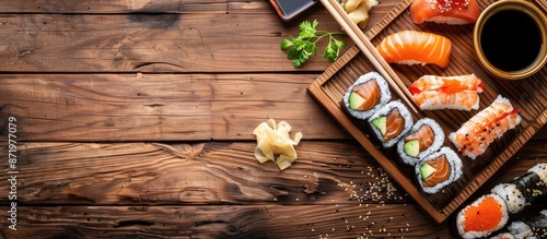 Sushi set on wooden surface with copy space image. Top-down view of Japanese sushi rolls with ample space for text.