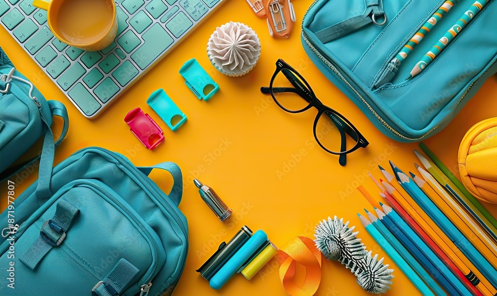 vibrant back to school supplies on yellow background flat lay top view.stock photo vibrant back to school supplies on yellow background flat lay top view.stock photo