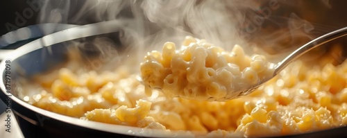 Steaming hot macaroni and cheese in a skillet, showcasing gooey melted cheese and fresh pasta, perfect comfort food close-up.