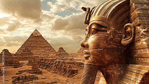 Ancient egypt background with pyramid like arquiteture on desertic background and ancient statue. photo