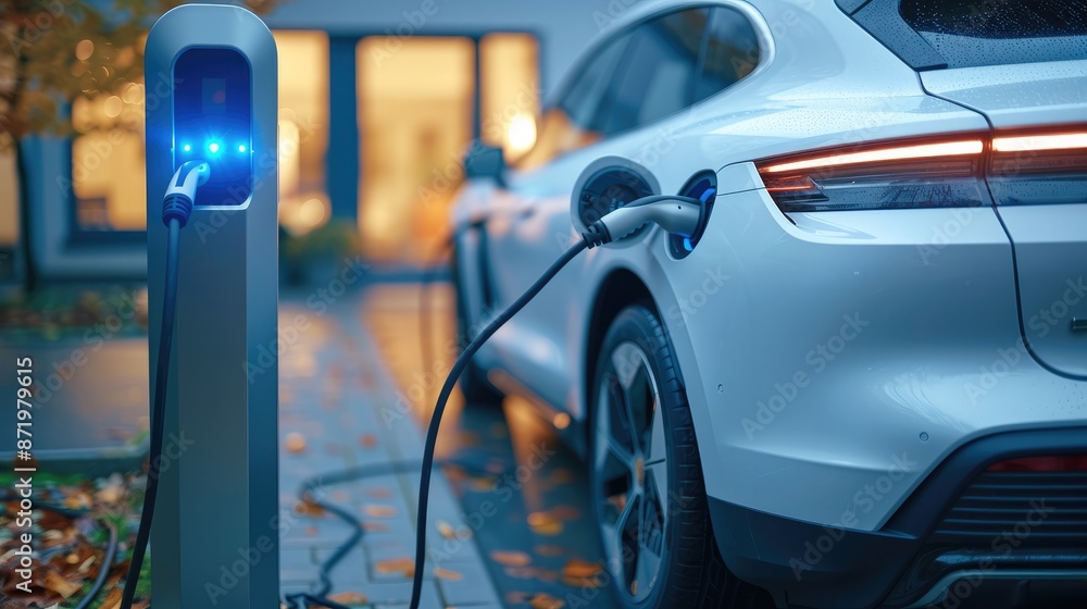 In garage where charging cable is plugged in charging station while a white electric car is being charged next to it. Focus is on the charging station with the cable plugged in it. Generative AI.