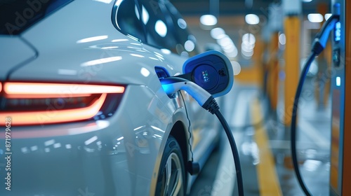 In garage where charging cable is plugged in charging station while a white electric car is being charged next to it. Focus is on the charging station with the cable plugged in it. Generative AI. photo