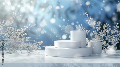 Winter snowy background for beauty products with a podium and a pedestal for product photography. Ideal shapes to highlight the merits of your product or logo. Based on Generative AI. © Fitriyani
