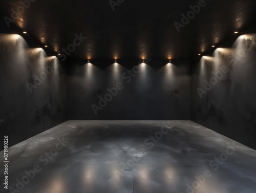 dark solid studio room with lights from above 