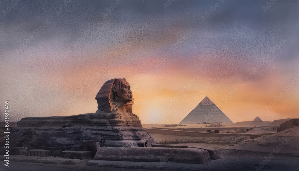 Sunset view of the Great Sphinx and pyramids of Giza, Egypt, showcasing ...