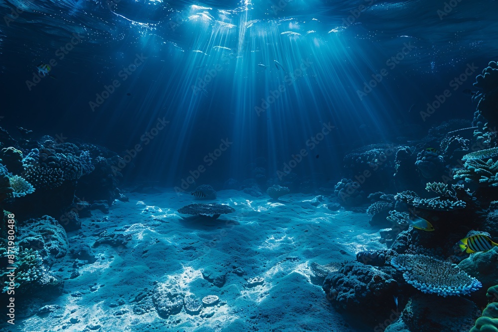 Fototapeta premium Blue ocean under the surface landscape coral with fish, wide banner design.