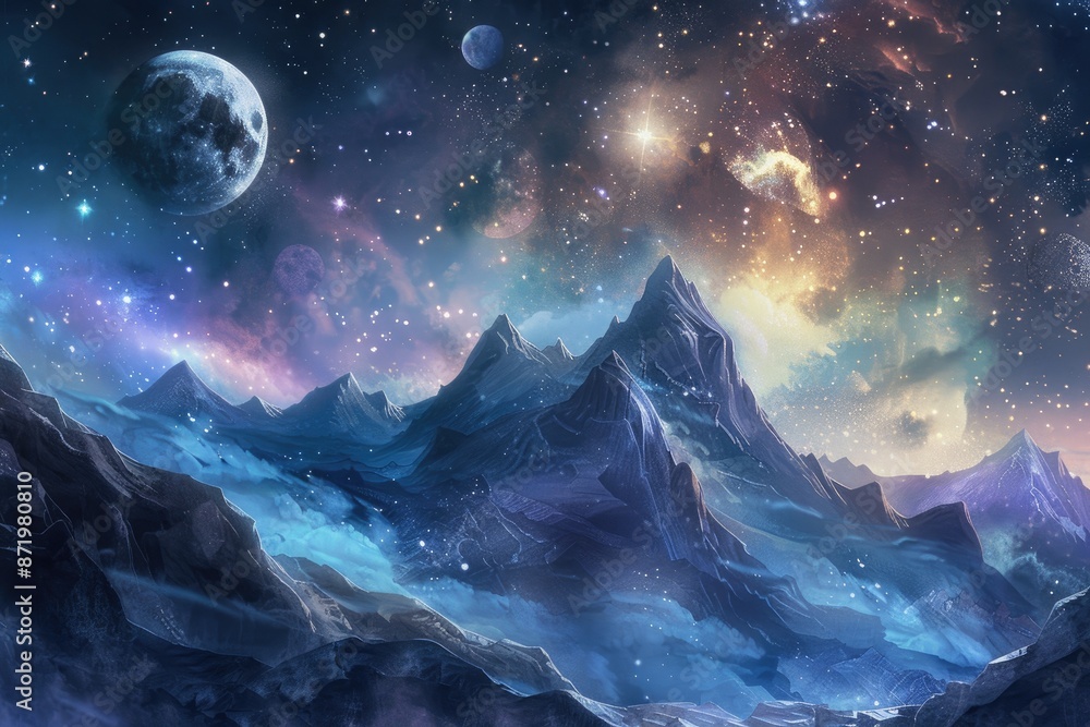 Majestic mountain landscape under a mesmerizing starry sky with planets, creating a surreal and fantastical cosmic scenery. Majestic mountain landscape under a mesmerizing starry sky with planets, creating a surreal and fantastical cosmic scenery.