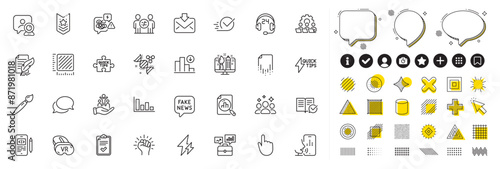 Set of Business portfolio, Checklist and Brush line icons for web app. Design elements, Social media icons. Inclusion, Empower, Discrimination icons. Vr, Decreasing graph, Quick tips signs. Vector