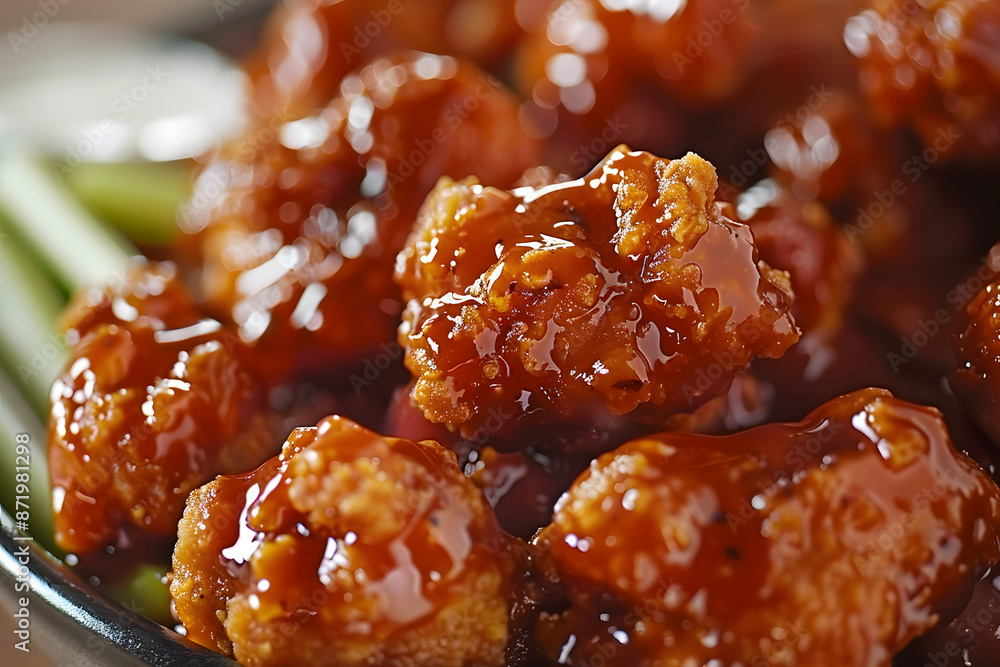 Boneless chicken wings dipped in buffalo and BBQ sauce Boneless chicken wings dipped in buffalo and BBQ sauce