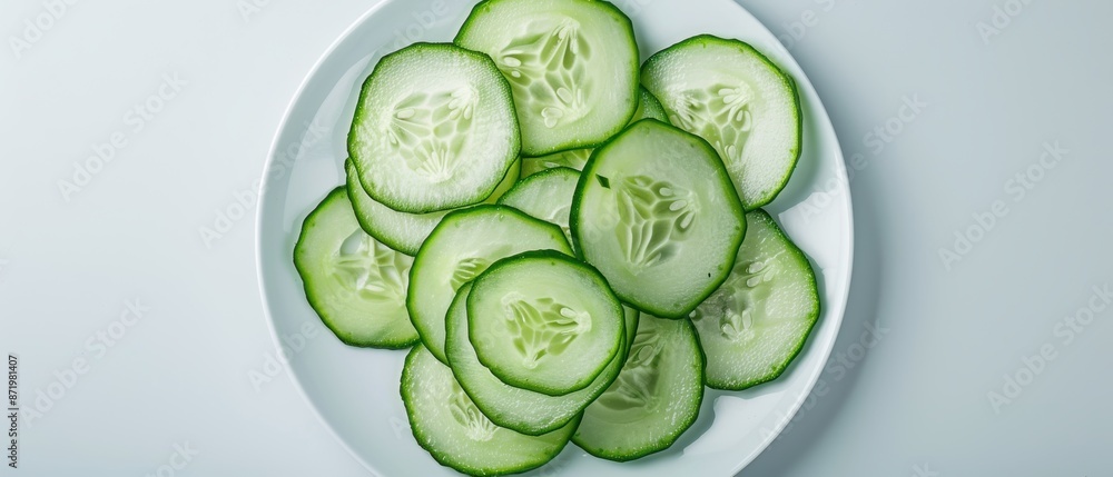Top view of fresh cucumber slices on a white plate, ideal for healthy eating and food presentation concepts. Top view of fresh cucumber slices on a white plate, ideal for healthy eating and food presentation concepts.