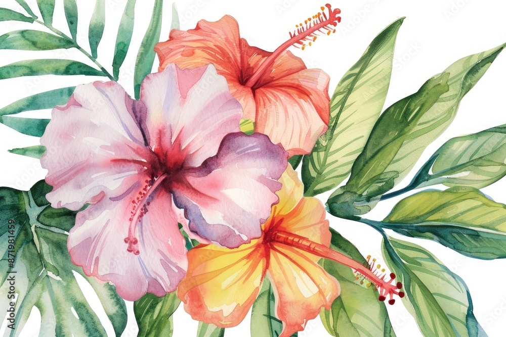 Watercolor painting of vibrant hibiscus flowers and green tropical leaves, creating an artistic and colorful nature-themed illustration. Watercolor painting of vibrant hibiscus flowers and green tropical leaves, creating an artistic and colorful nature-themed illustration.