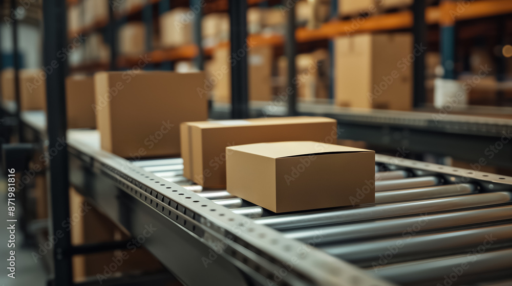 packages being sorted on a conveyor belt, with labels clearly visible, illustrating efficient sorting mechanisms in a warehouse