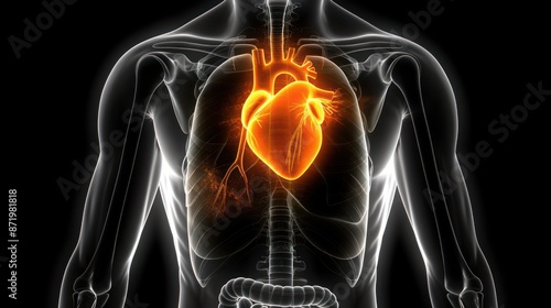 A human chest with a glowing orange heart inside radiating energy and health on a black background showing vitality and wellness concept