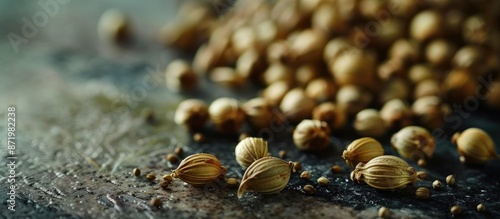 A few coriander seeds arranged on the table with empty space for text or image.