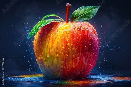 Neon Glowing Apple with Water Droplets in a Digital Art Style photo