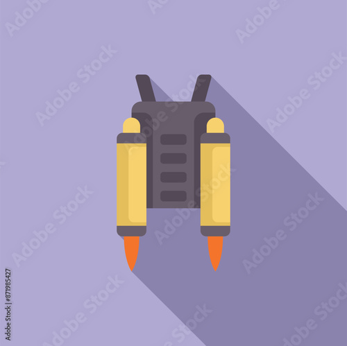 Jetpack with two turbines providing upward thrust for personal flight, flat cartoon icon with long shadow on purple background