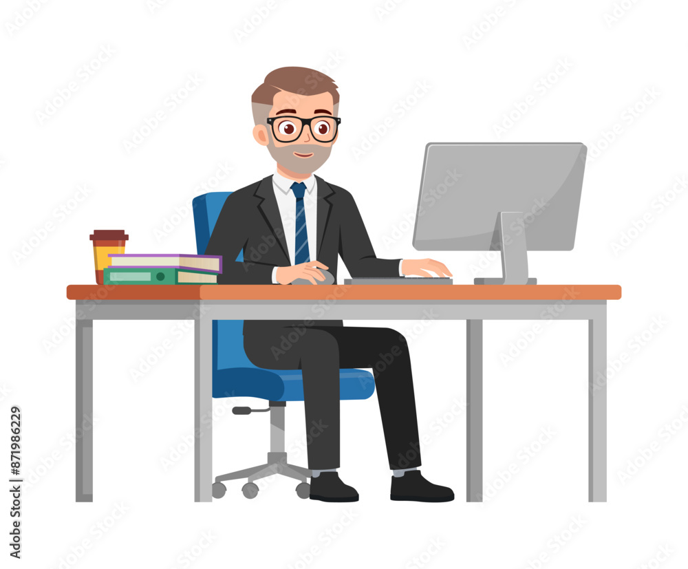 happy man employee sit in desk working on office with computer happy man employee sit in desk working on office with computer