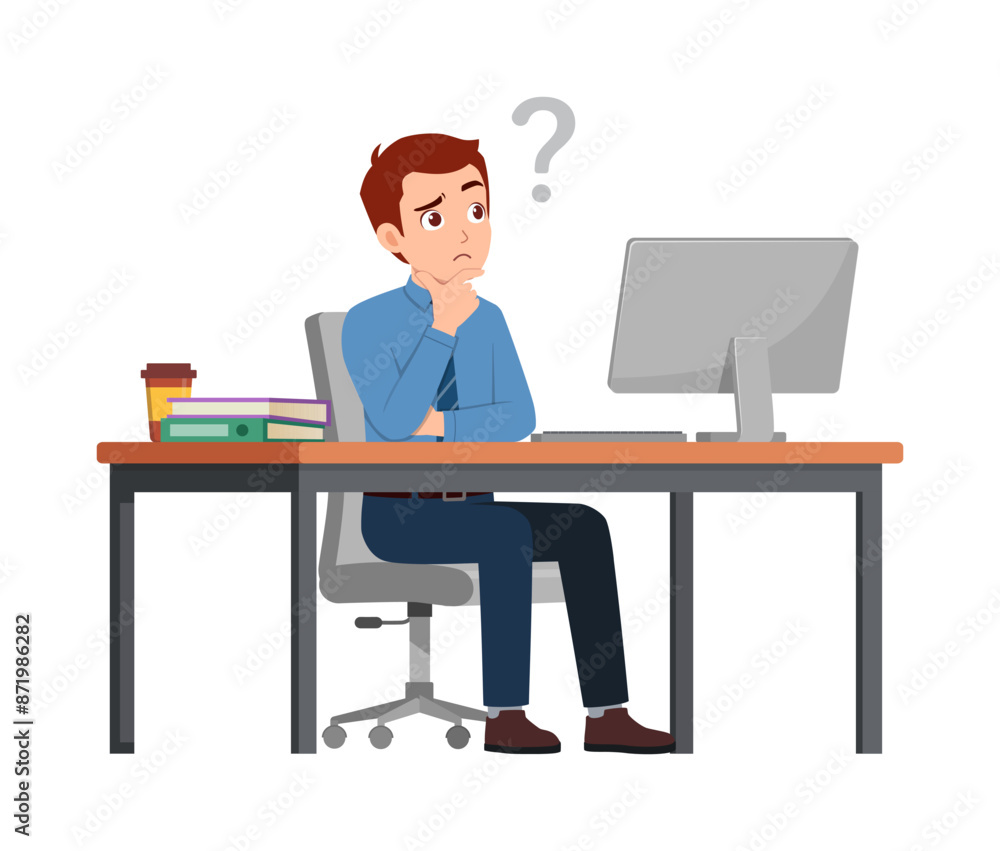 man employee sit think in desk working on office with computer and question mark man employee sit think in desk working on office with computer and question mark