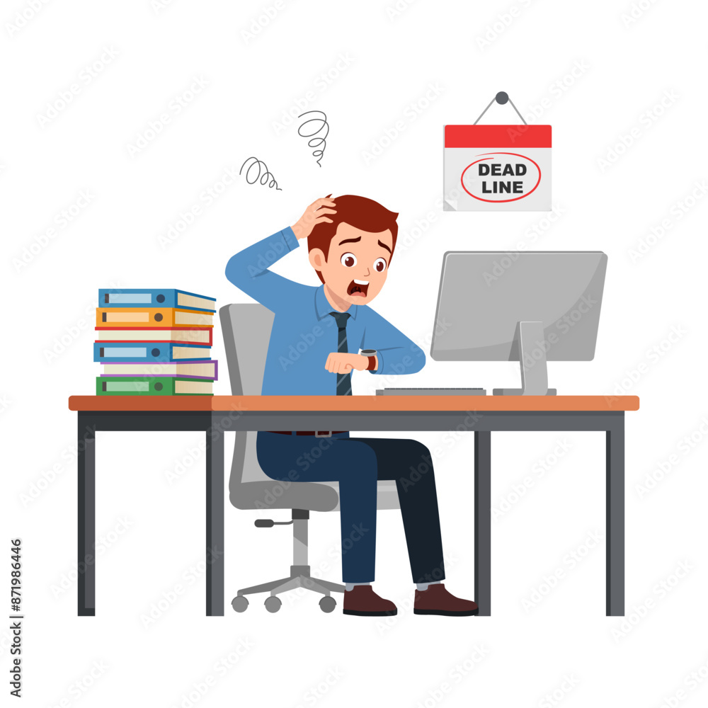 man employee sit in desk working on office and panic because of deadline man employee sit in desk working on office and panic because of deadline